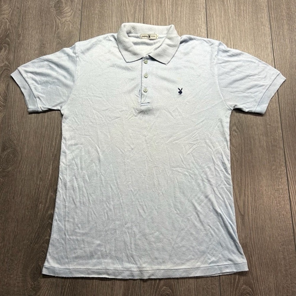 Vintage 1980s Playboy Men Medium Blue Short Sleeve Embroidered Bunny Polo Shirt